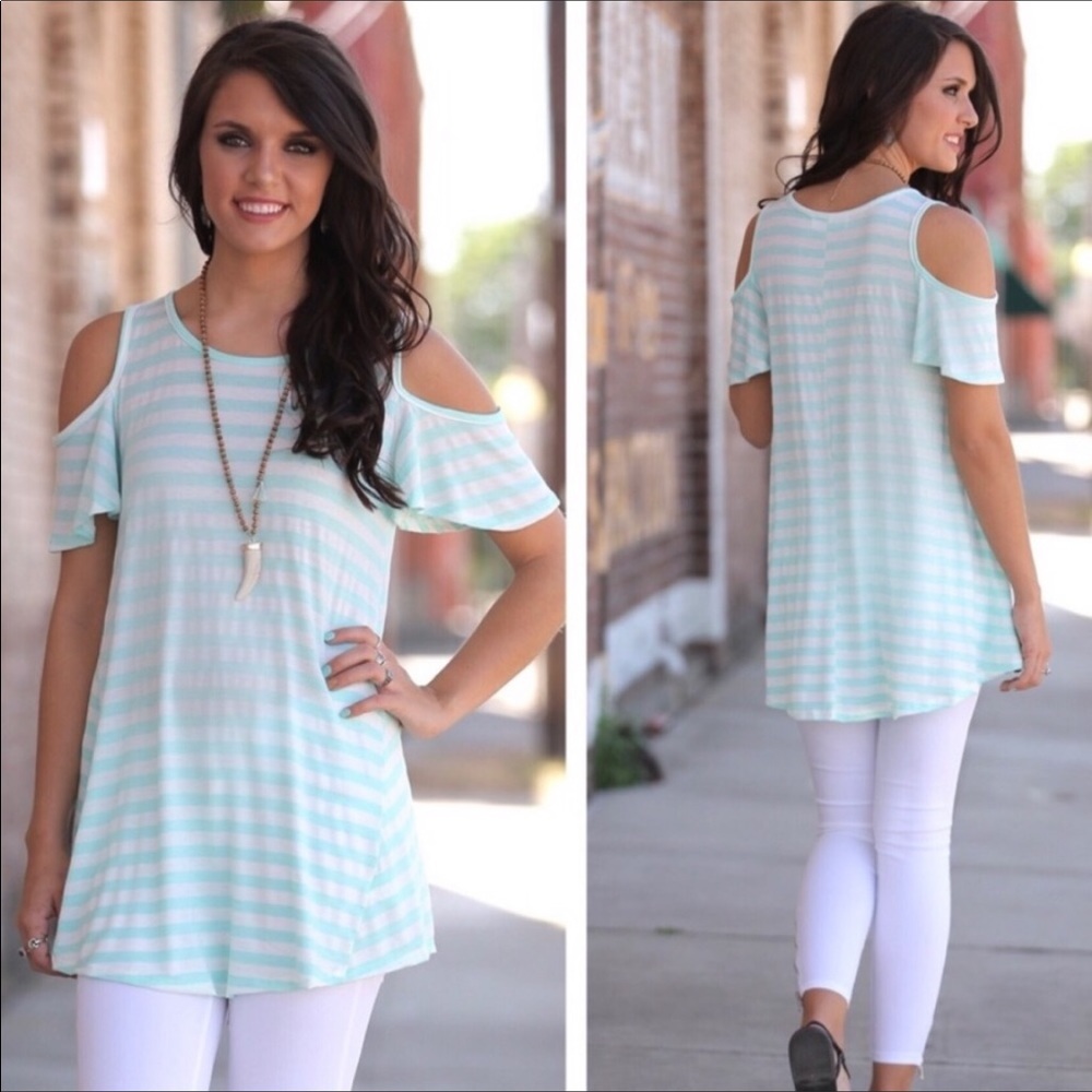 Striped Mint Cold Shoulder Tunic